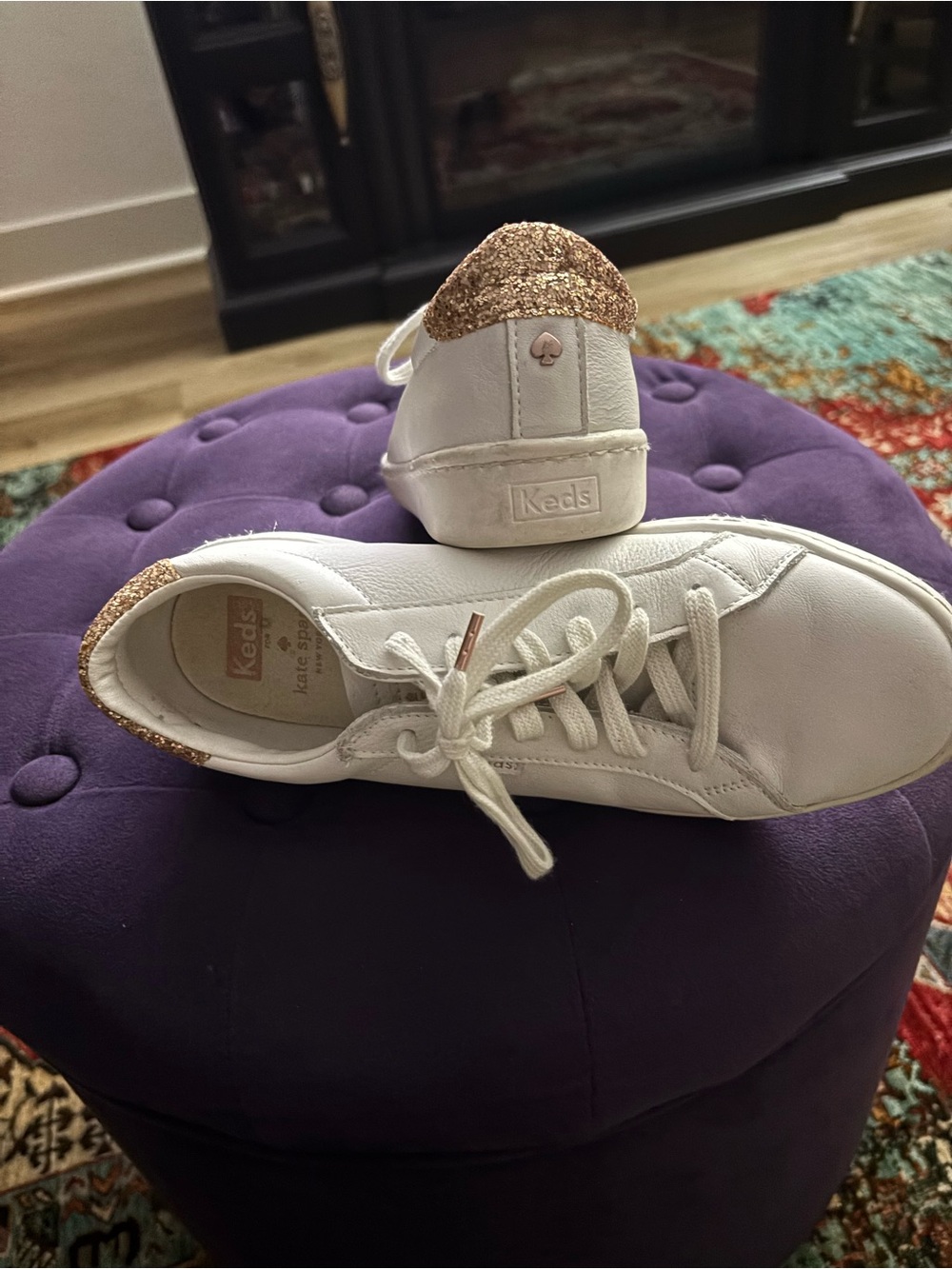 Kate Spade for Keds White Sneakers with Rose Gold Glitter Heel Tab